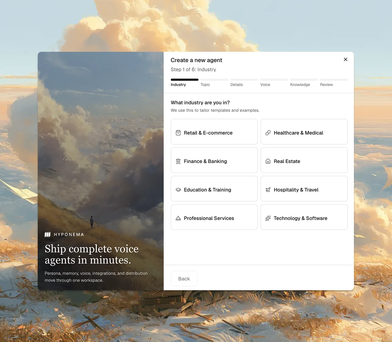 Agent creation wizard showing the industry selection step
