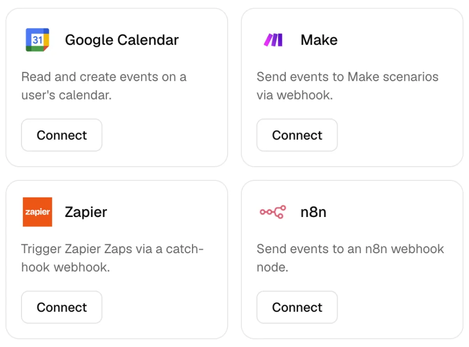 Integrations grid showing Google Calendar, Make, Zapier, and n8n connection cards.