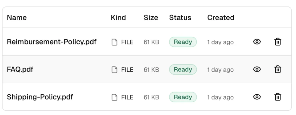 Materials table showing ready PDF files attached to a voice agent.