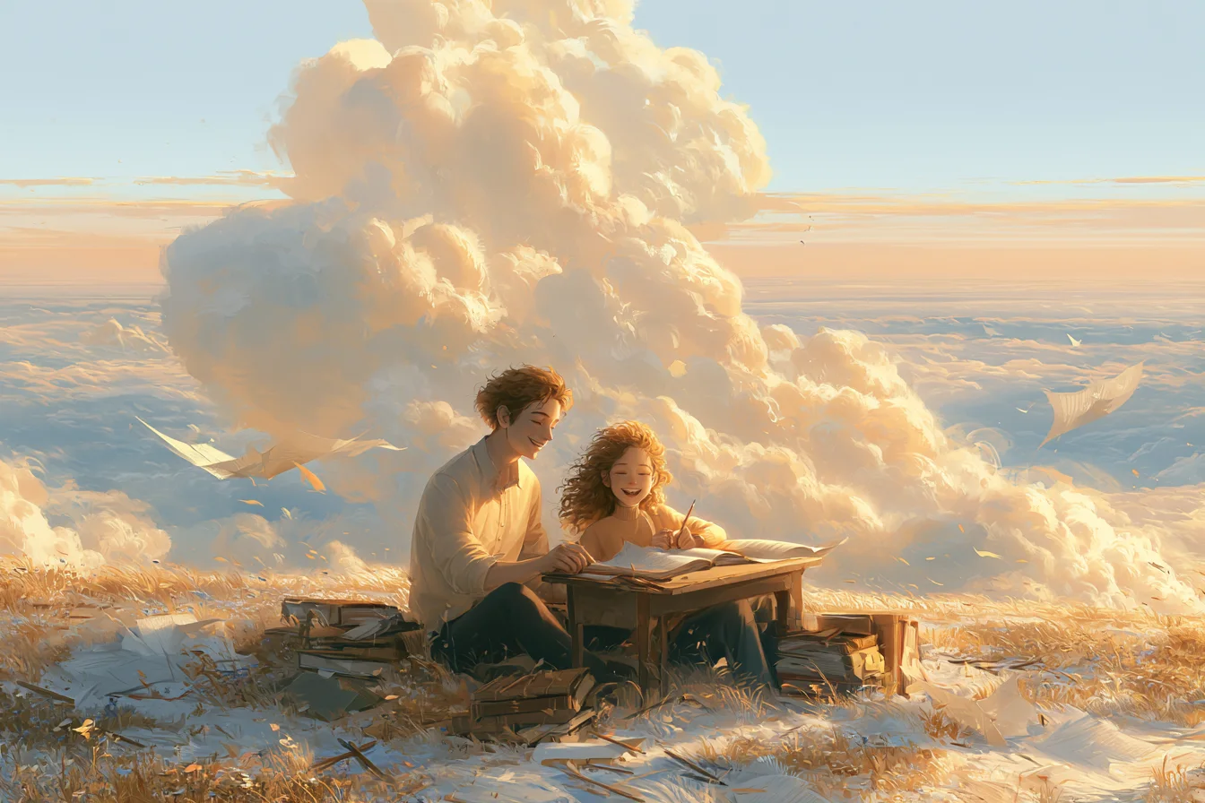 Pastel illustration of a tutor and student smiling over an open notebook in a meadow above the clouds.