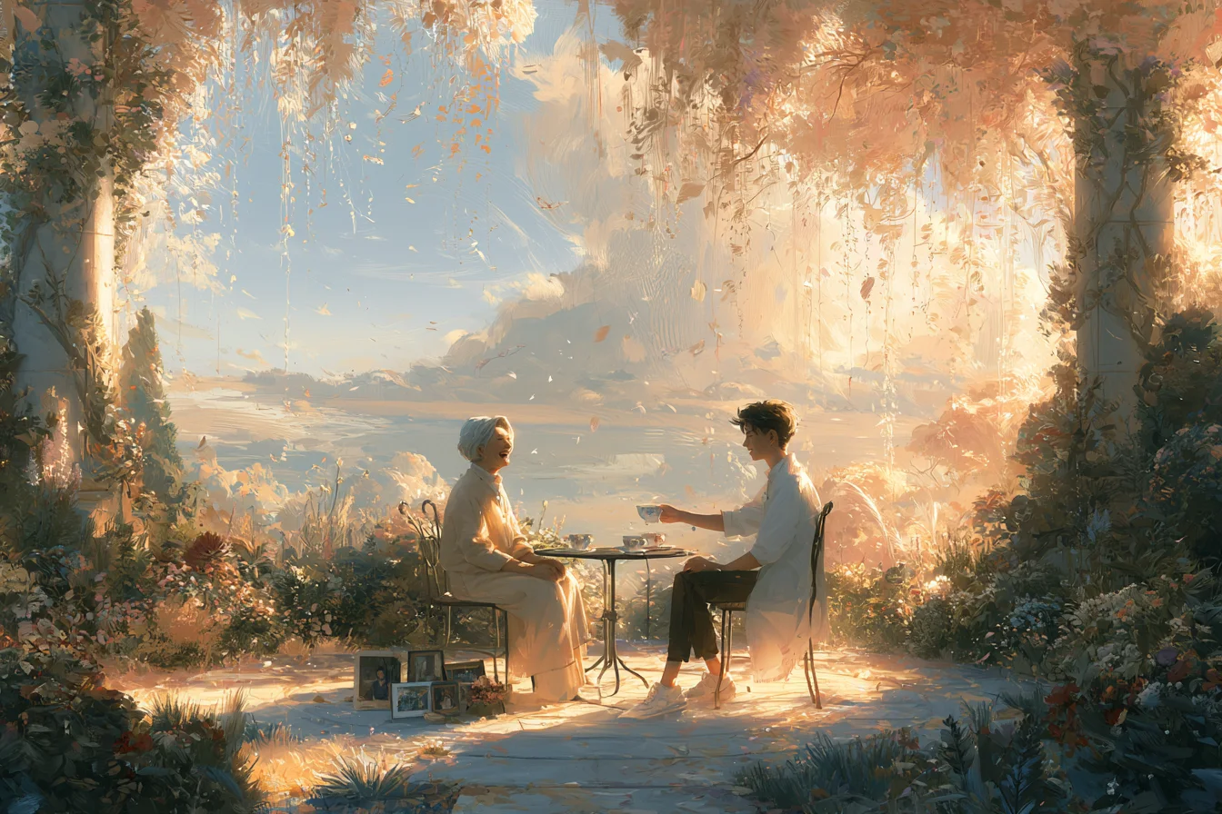 Pastel illustration of an older woman laughing with a care companion on a bright garden patio.