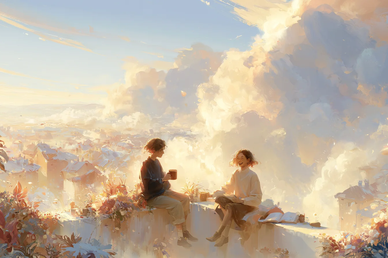 Pastel illustration of two people smiling during a wellness check-in on a sunlit balcony.